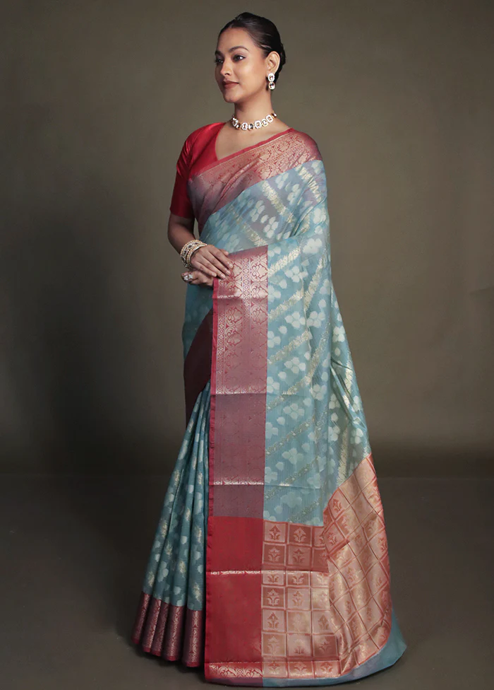 Green Kora Silk Saree With Blouse Piece - Image 4