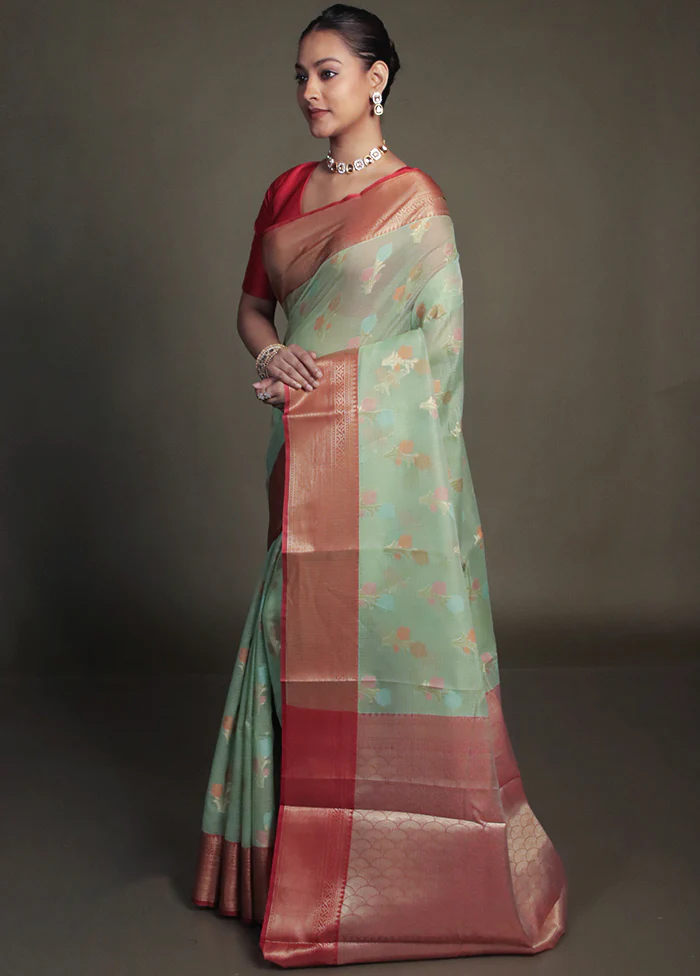 Green Kora Silk Saree With Blouse Piece - Image 4