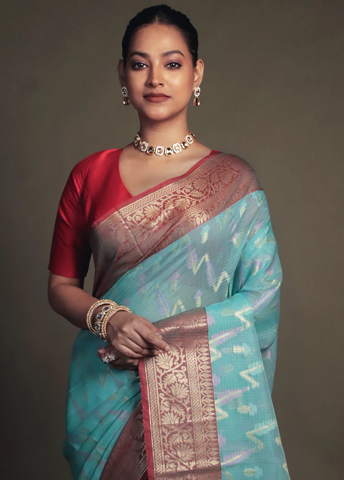 Green Kora Silk Saree With Blouse Piece - Image 2