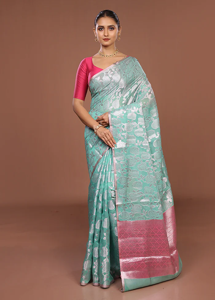 Green Kora Silk Saree With Blouse Piece - Image 2