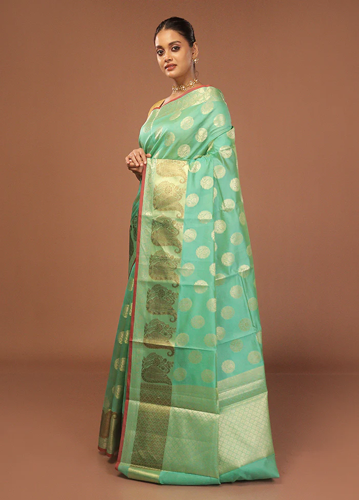 Green Kora Silk Saree With Blouse Piece - Image 4