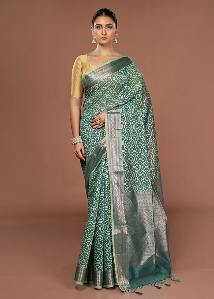Green Kora Silk Saree With Blouse Piece - Image 2