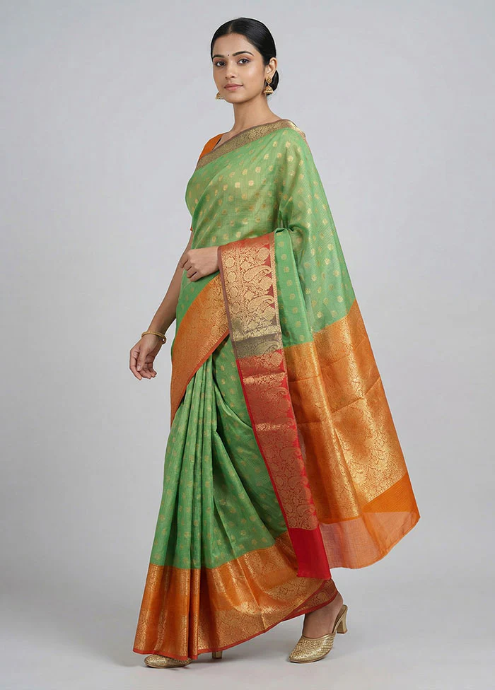 Green Kora Silk Saree With Blouse Piece