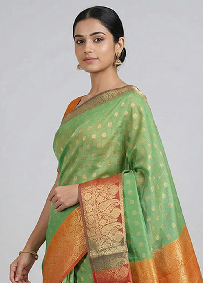 Green Kora Silk Saree With Blouse Piece - Image 2