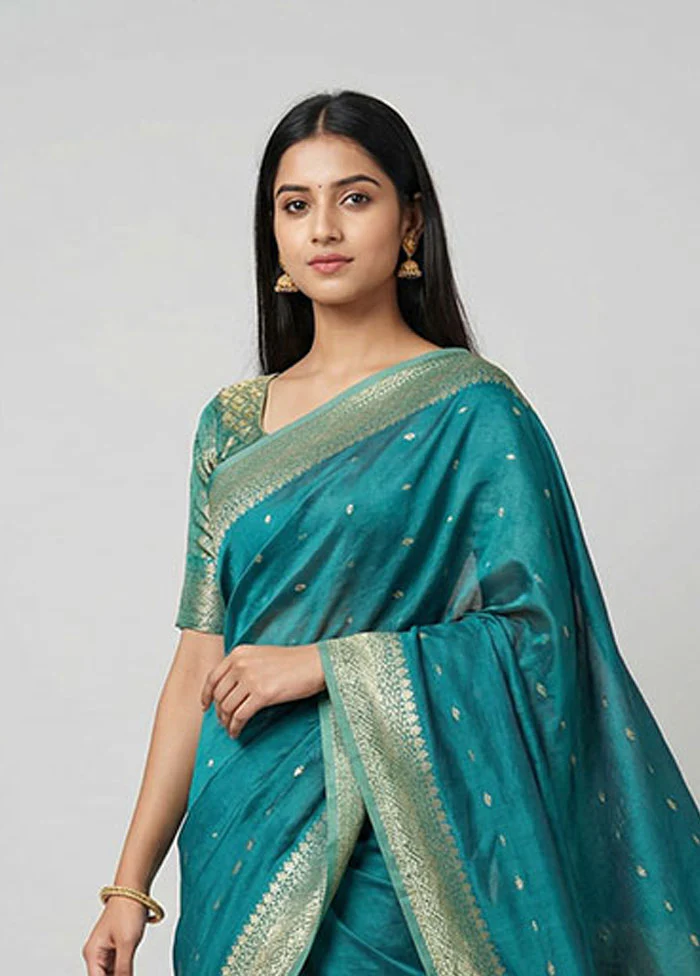 Green Kora Silk Saree With Blouse Piece - Image 2