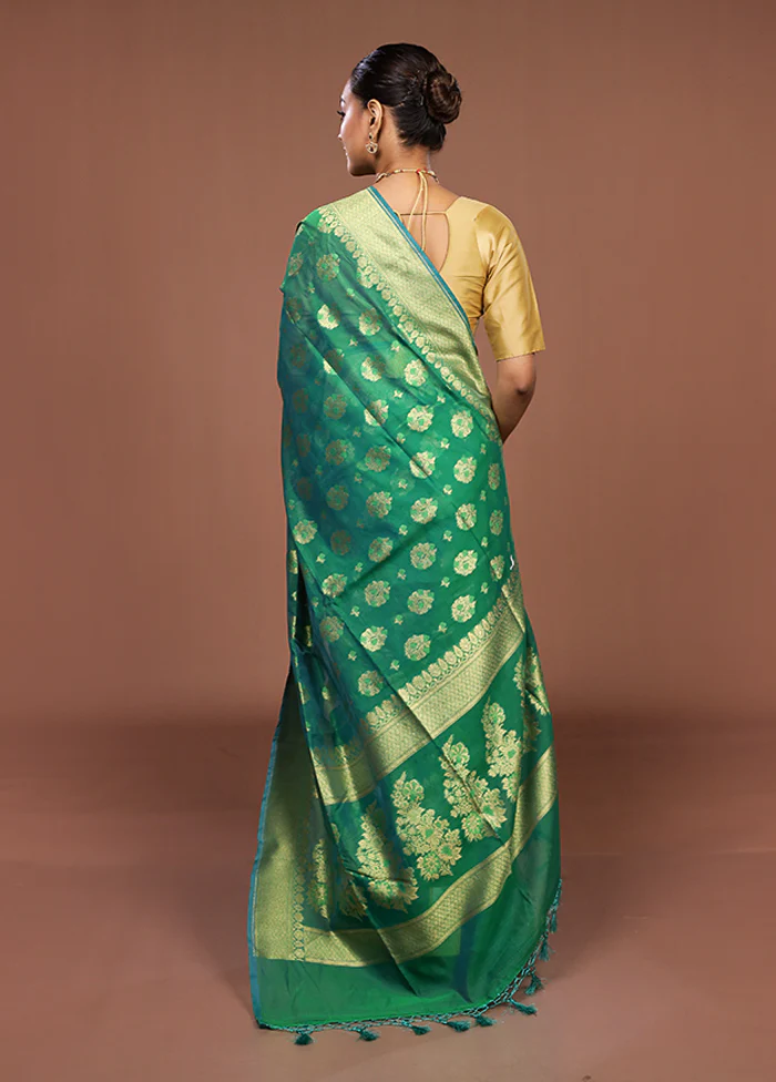 Green Kora Silk Saree With Blouse Piece - Image 3