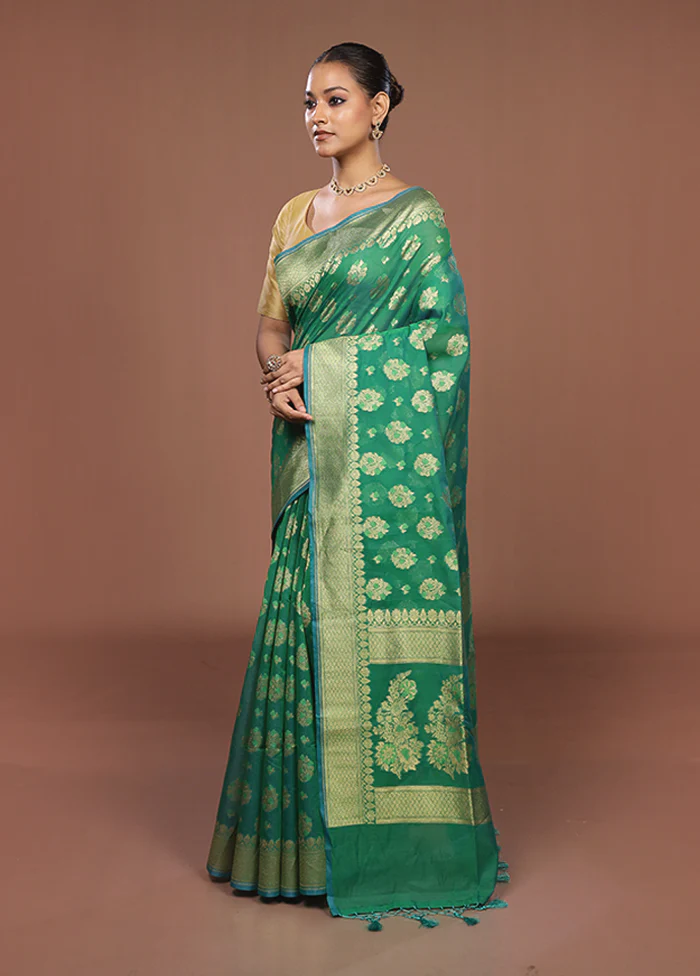 Green Kora Silk Saree With Blouse Piece - Image 4