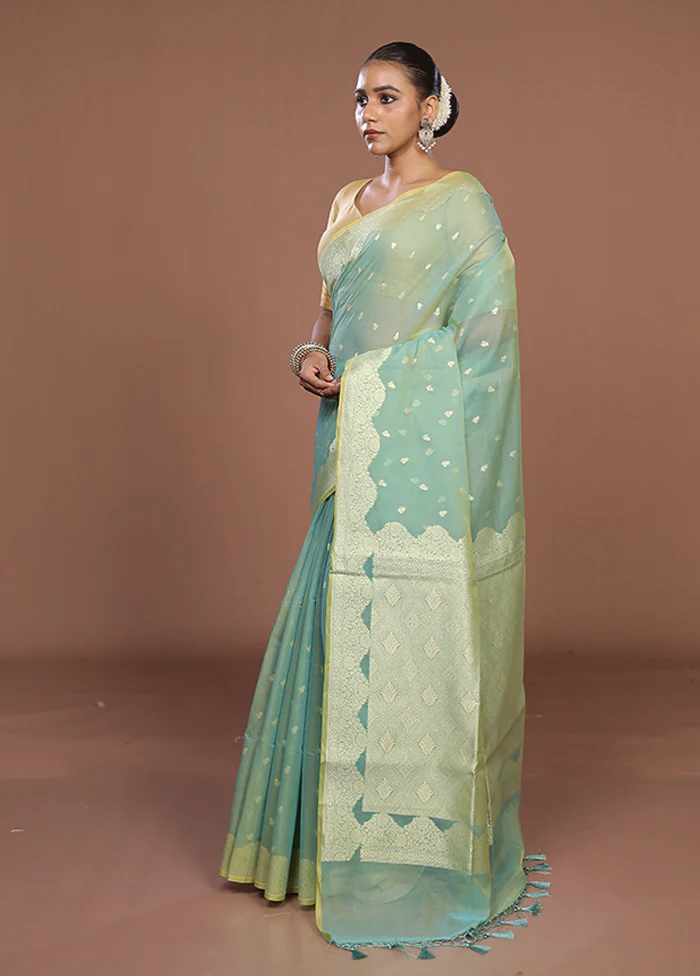 Green Kora Silk Saree With Blouse Piece - Image 4