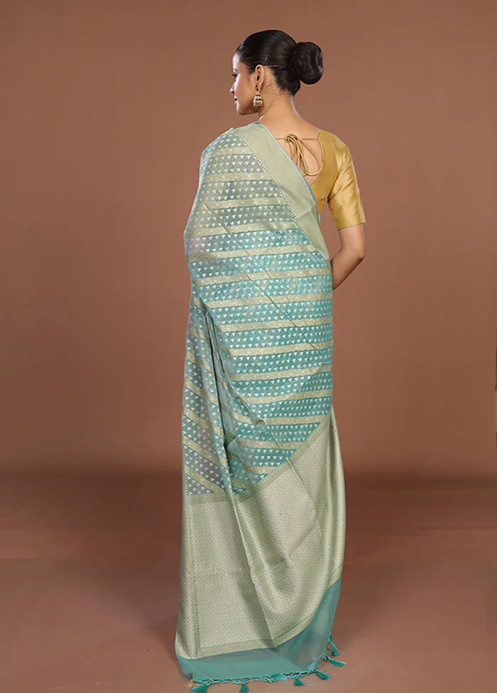 Blue Kora Silk Saree With Blouse Piece - Image 3