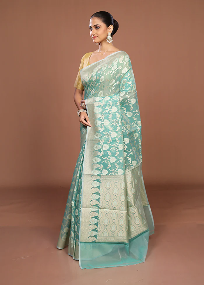 Green Kora Silk Saree With Blouse Piece - Image 4