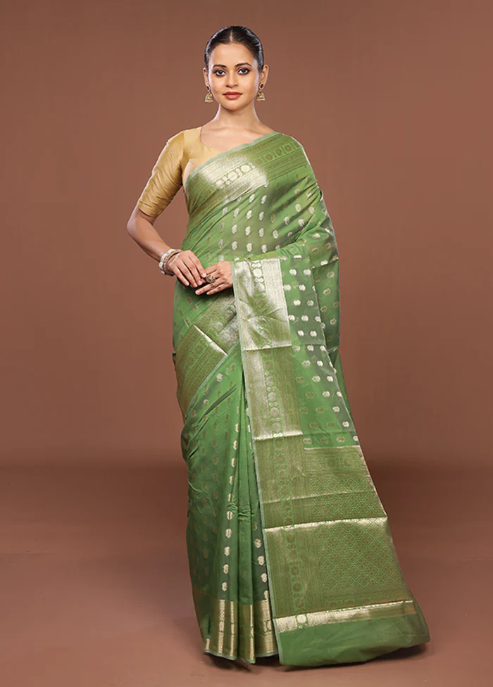 Green Kora Silk Saree With Blouse Piece - Image 2