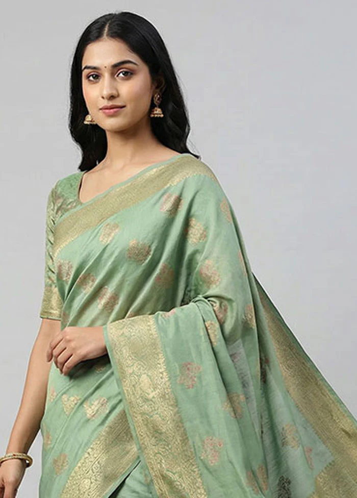Green Kora Silk Saree With Blouse Piece - Image 2