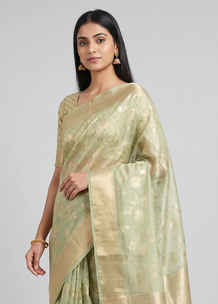 Green Kora Silk Saree With Blouse Piece - Image 2