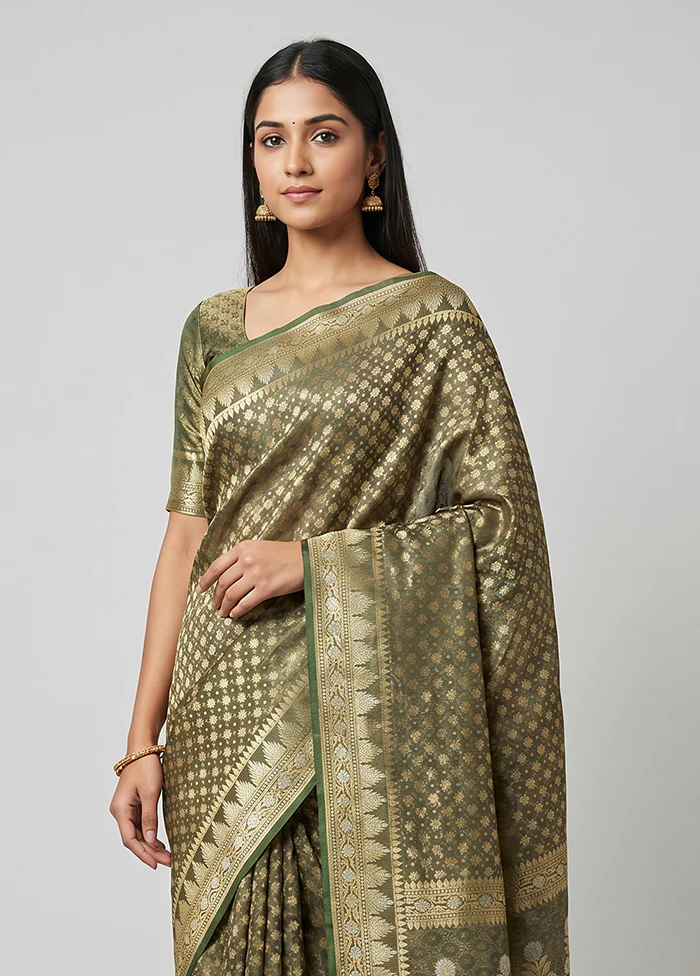 Green Kora Silk Saree With Blouse Piece - Image 2