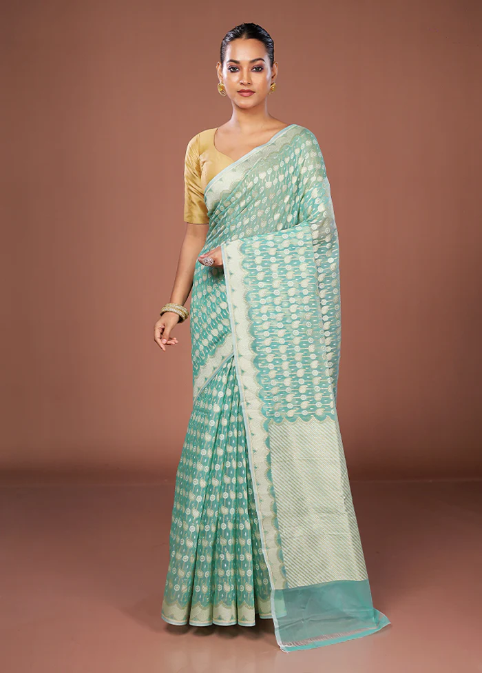 Green Kora Silk Saree With Blouse Piece - Image 2
