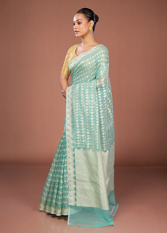 Green Kora Silk Saree With Blouse Piece - Image 4