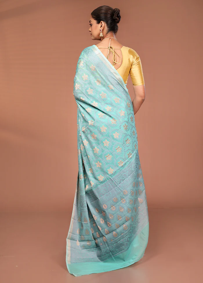 Blue Kora Silk Saree With Blouse Piece - Image 3