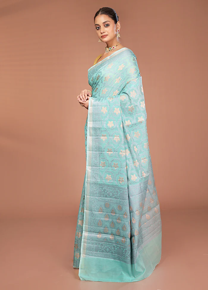 Blue Kora Silk Saree With Blouse Piece - Image 4