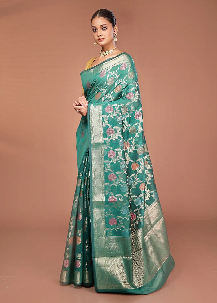 Green Kora Silk Saree With Blouse Piece - Image 4