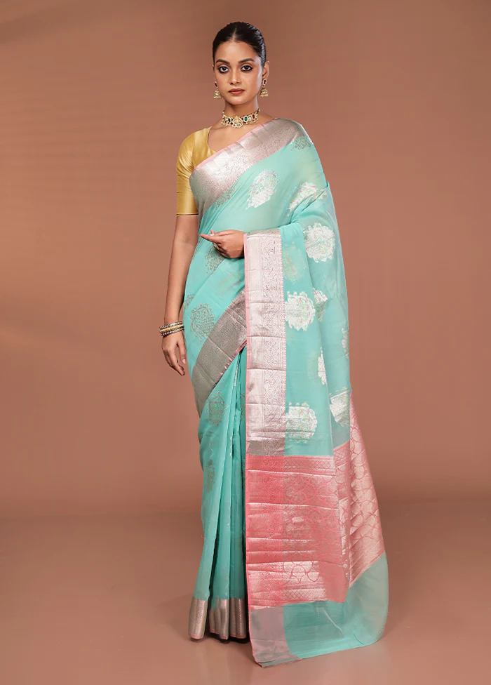 Blue Kora Silk Saree With Blouse Piece - Image 2