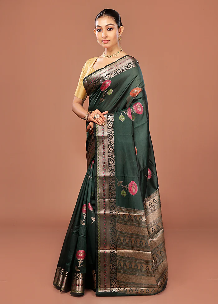 Green Kora Silk Saree With Blouse Piece - Image 4