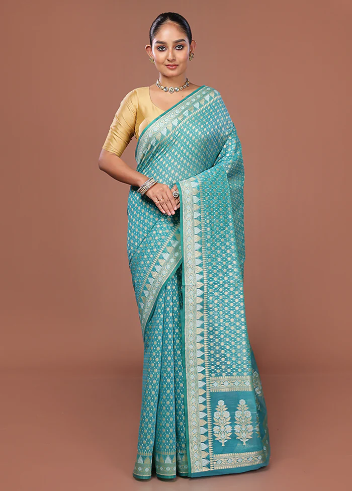 Blue Kora Silk Saree With Blouse Piece - Image 2