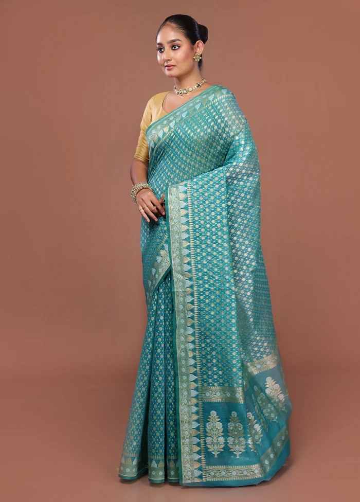 Blue Kora Silk Saree With Blouse Piece - Image 4
