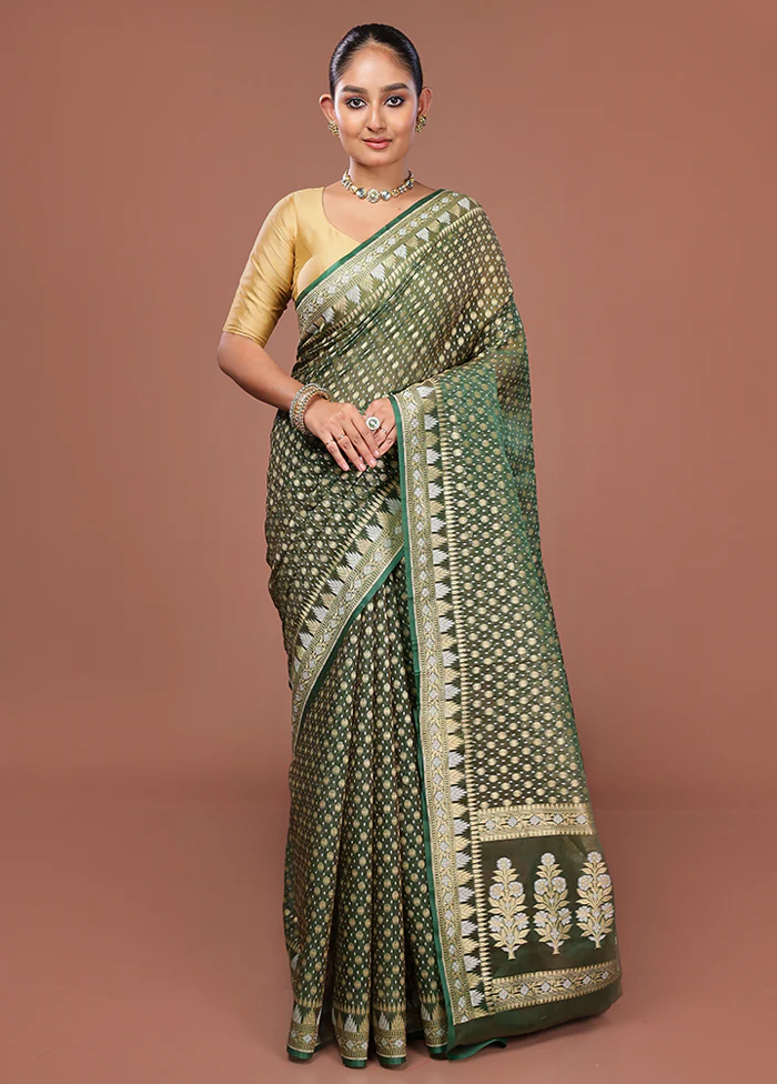 Green Kora Silk Saree With Blouse Piece - Image 2
