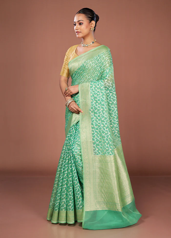 Green Kora Silk Saree With Blouse Piece - Image 4