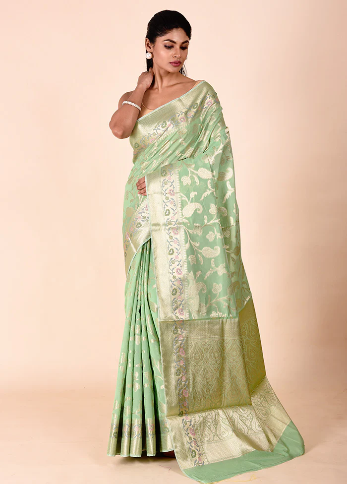 Green Kota Cotton Saree With Blouse Piece - Image 2