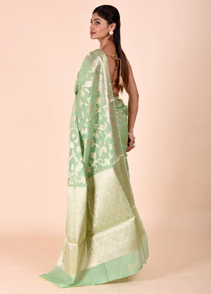 Green Kota Cotton Saree With Blouse Piece - Image 3