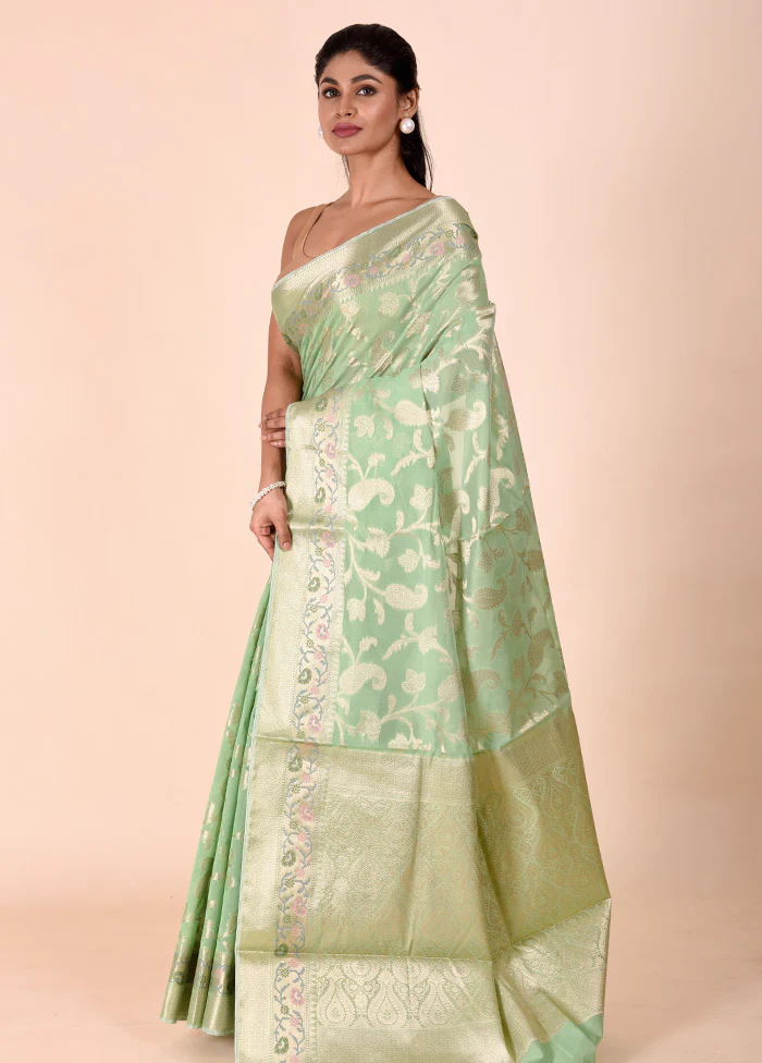 Green Kota Cotton Saree With Blouse Piece - Image 4