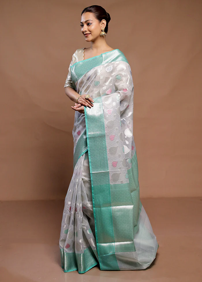 Green Kota Cotton Saree With Blouse Piece - Image 4