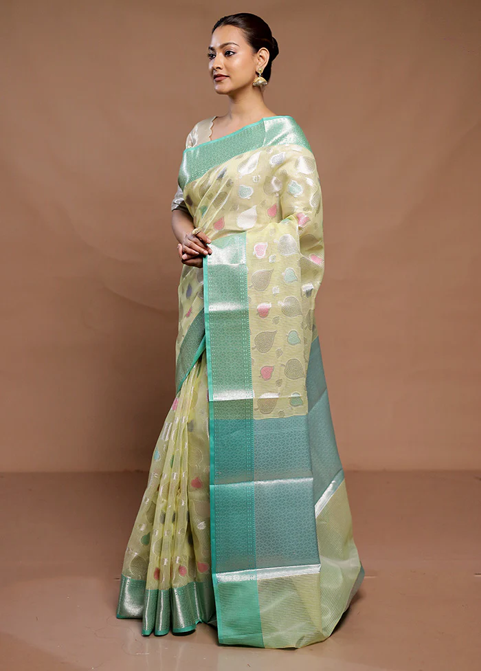Green Kota Cotton Saree With Blouse Piece - Image 4