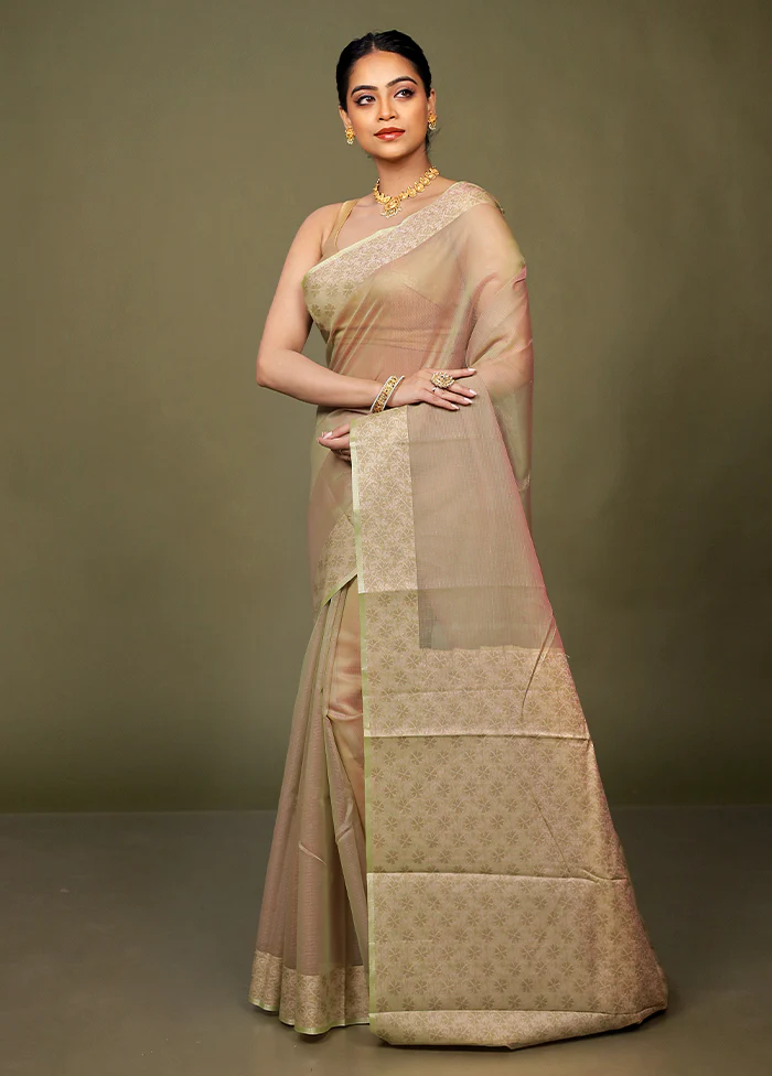 Green Kota Cotton Saree With Blouse Piece - Image 4