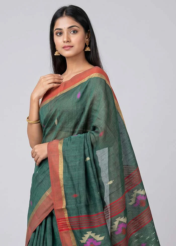 Green Linen Silk Saree With Blouse Piece - Image 2