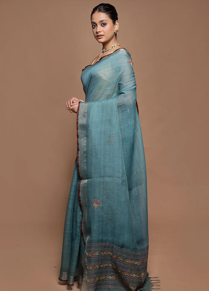 Green Linen Silk Saree With Blouse Piece - Image 4