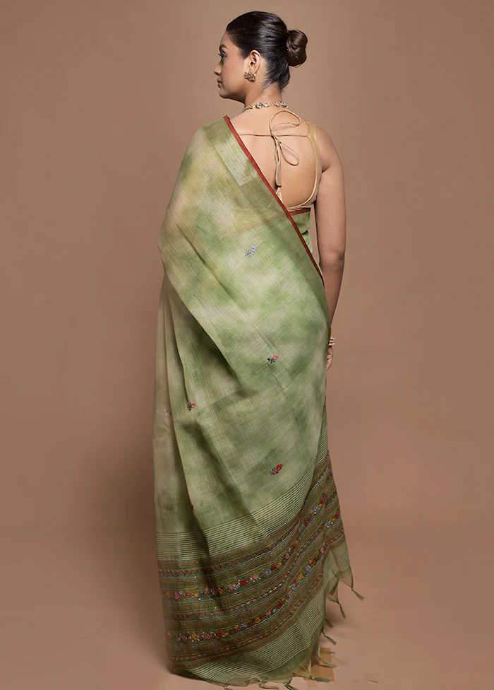 Green Linen Silk Saree With Blouse Piece - Image 3