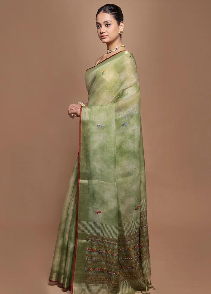 Green Linen Silk Saree With Blouse Piece - Image 4