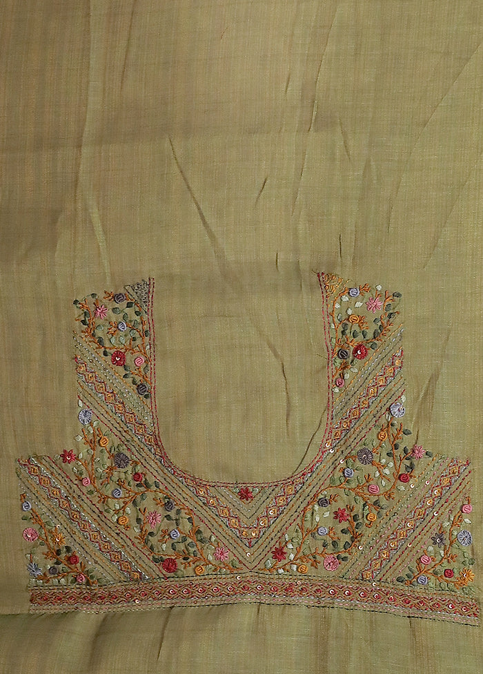Green Linen Silk Saree With Blouse Piece - Image 5