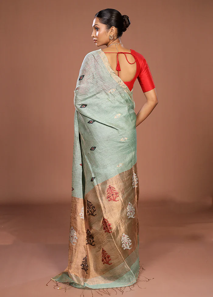 Green Linen Silk Saree With Blouse Piece - Image 3