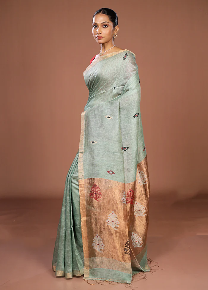 Green Linen Silk Saree With Blouse Piece - Image 4