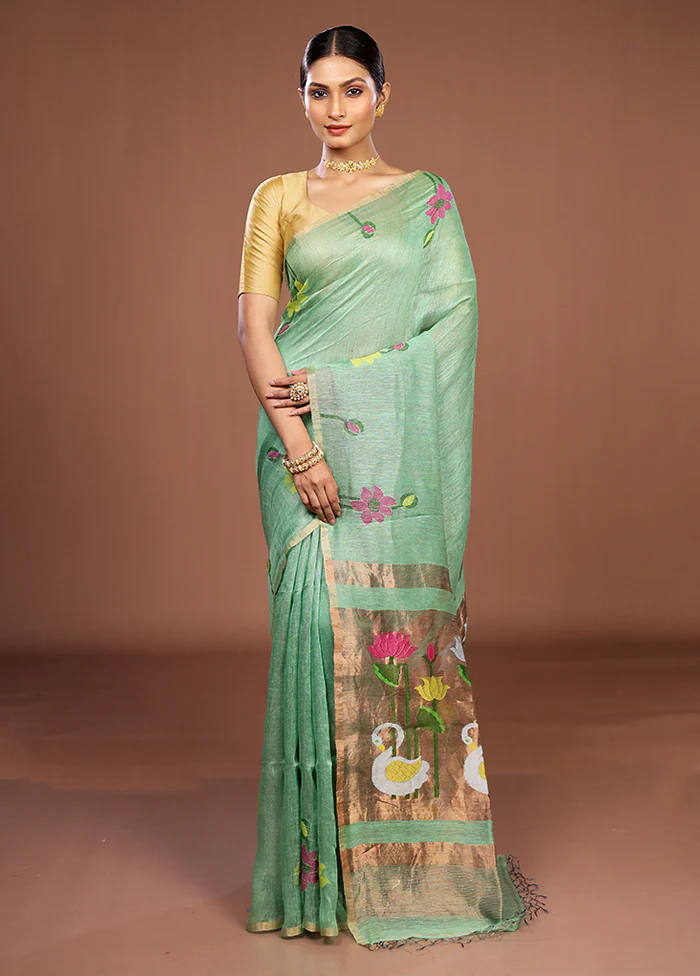 Green Linen Silk Saree With Blouse Piece - Image 2