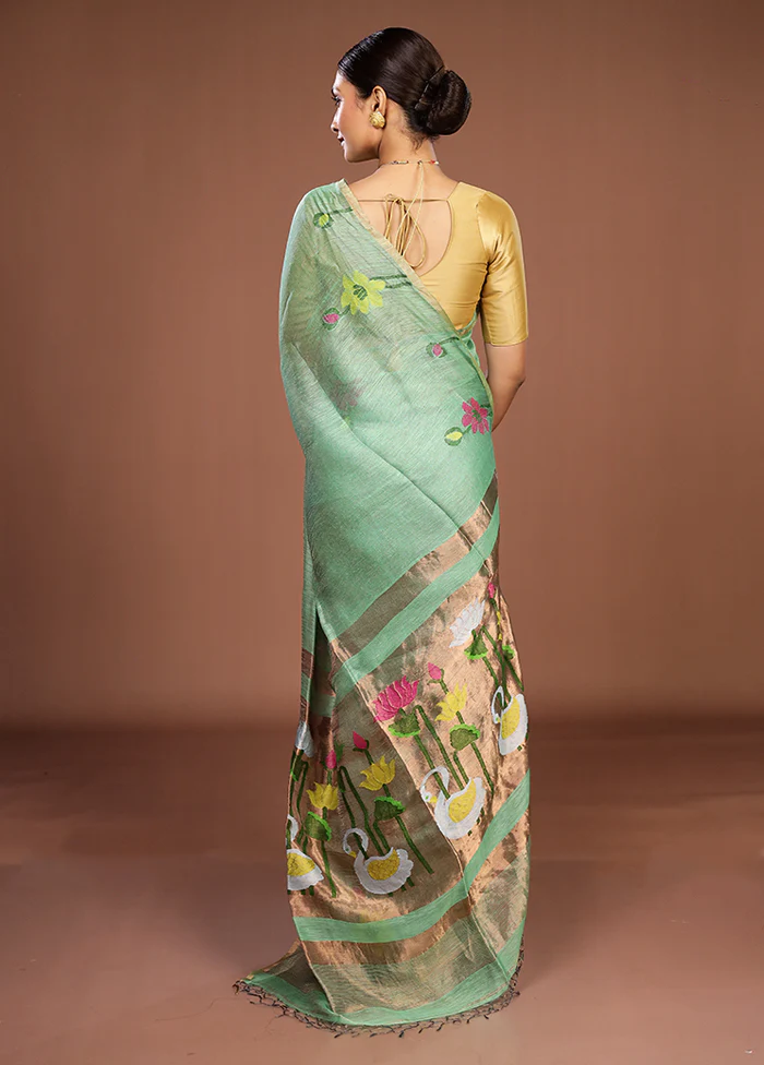 Green Linen Silk Saree With Blouse Piece - Image 3