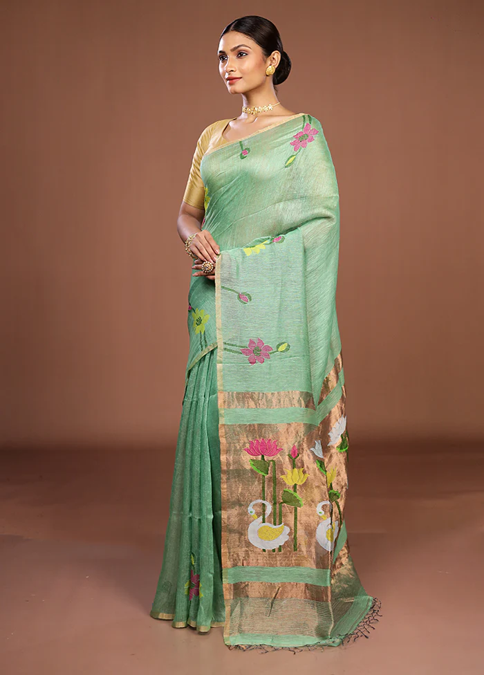Green Linen Silk Saree With Blouse Piece - Image 4