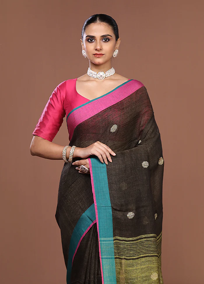 Green Linen Silk Saree With Blouse Piece