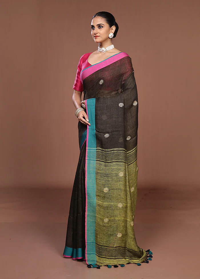 Green Linen Silk Saree With Blouse Piece - Image 4