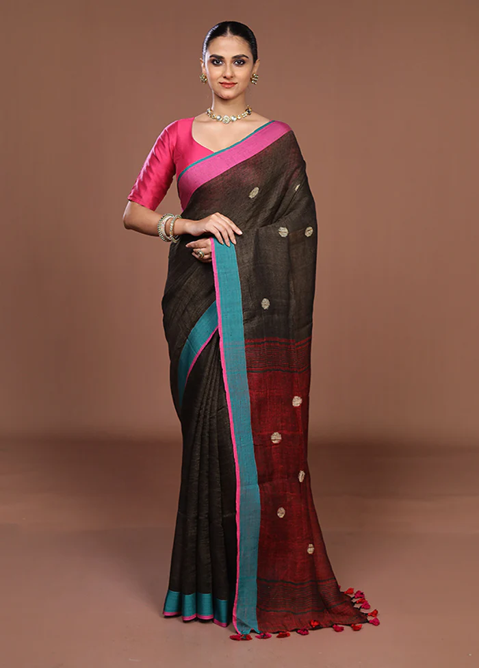 Green Linen Silk Saree With Blouse Piece - Image 2