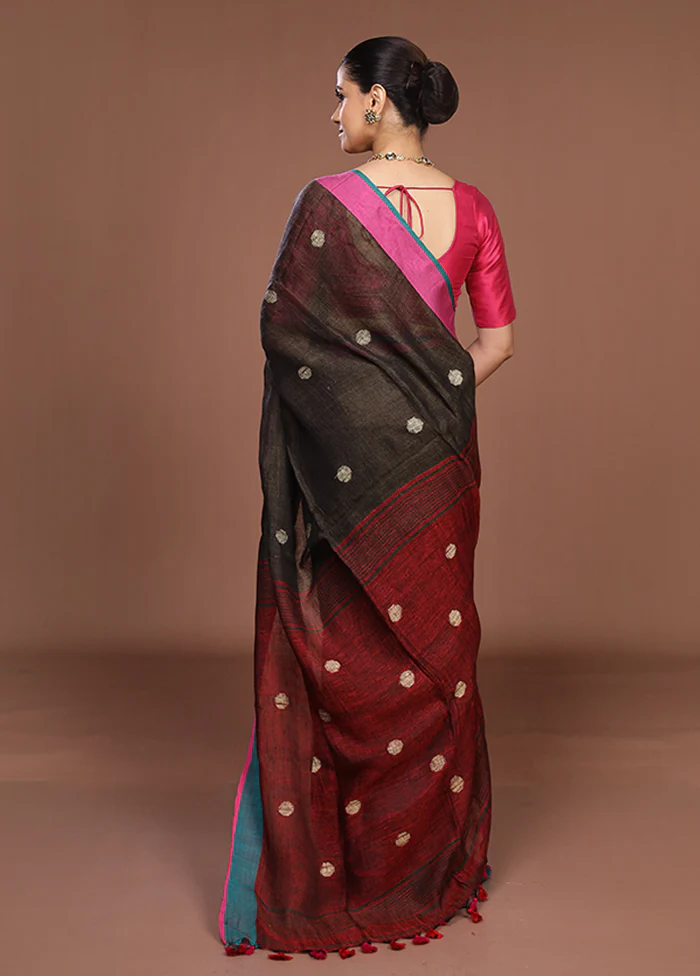 Green Linen Silk Saree With Blouse Piece - Image 3