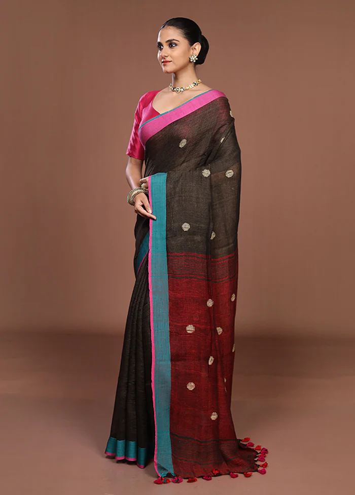 Green Linen Silk Saree With Blouse Piece - Image 4